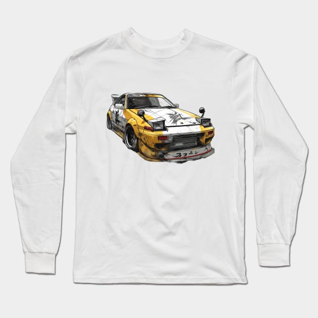 White and Yellow Japanese Drift Car Long Sleeve T-Shirt by J and C Designs